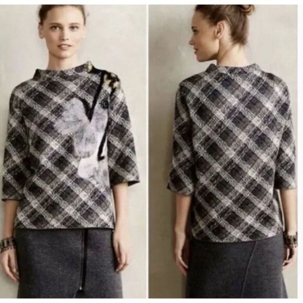 Anthropologie Troubador Plaid Floral Art to Wear Sweater Shirt Wool Blend Size M